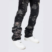 Smoke Rise Baggy Stacked Flared Patchwork Denim Jeans - Nickel Black