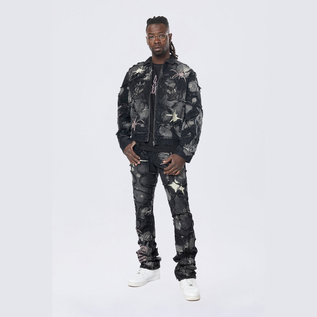 Smoke Rise Baggy Stacked Flared Patchwork Denim Jeans - Nickel Black