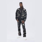 Smoke Rise Baggy Stacked Flared Patchwork Denim Jeans - Nickel Black