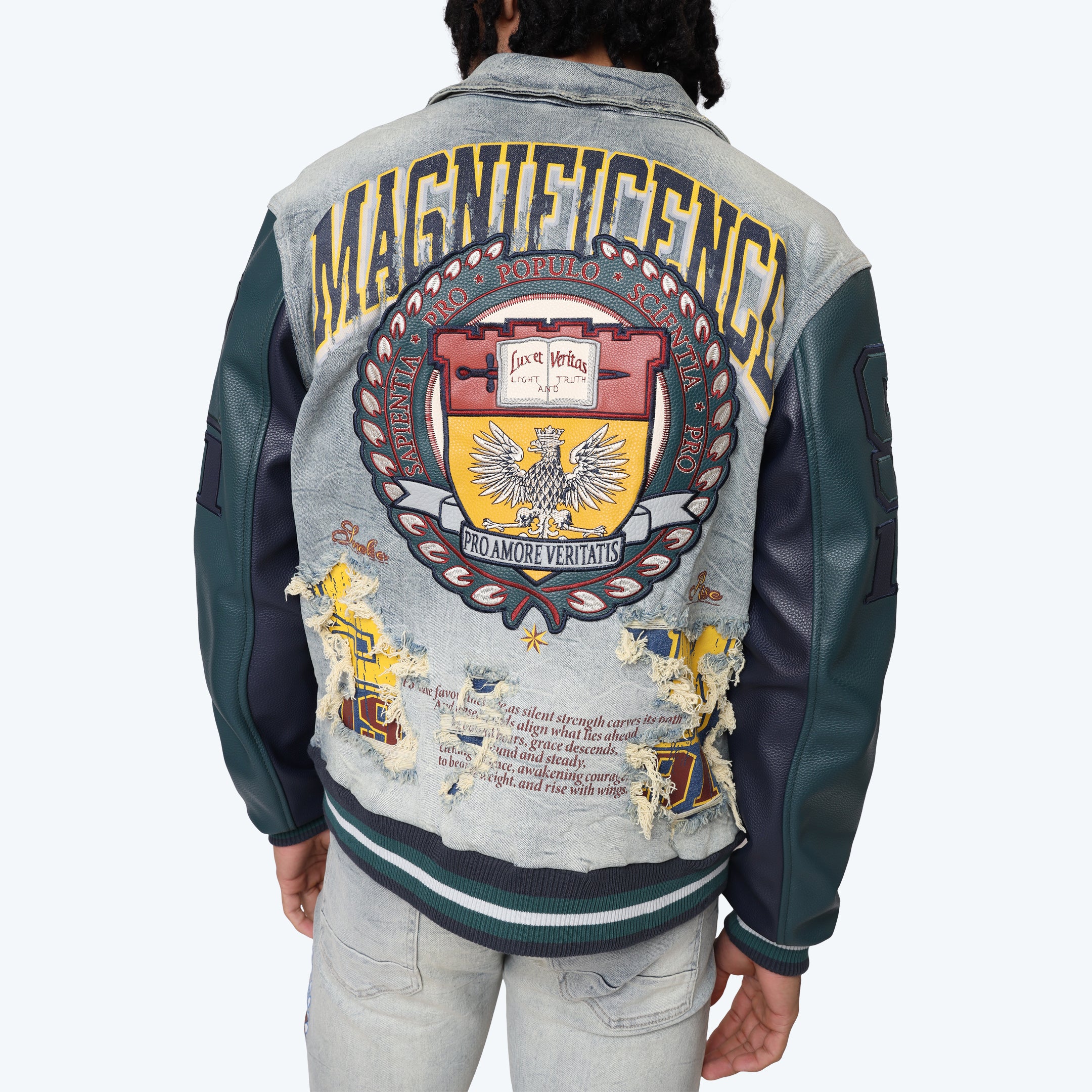 Magnificence Denim Varsity Jacket - Mechanical Blue