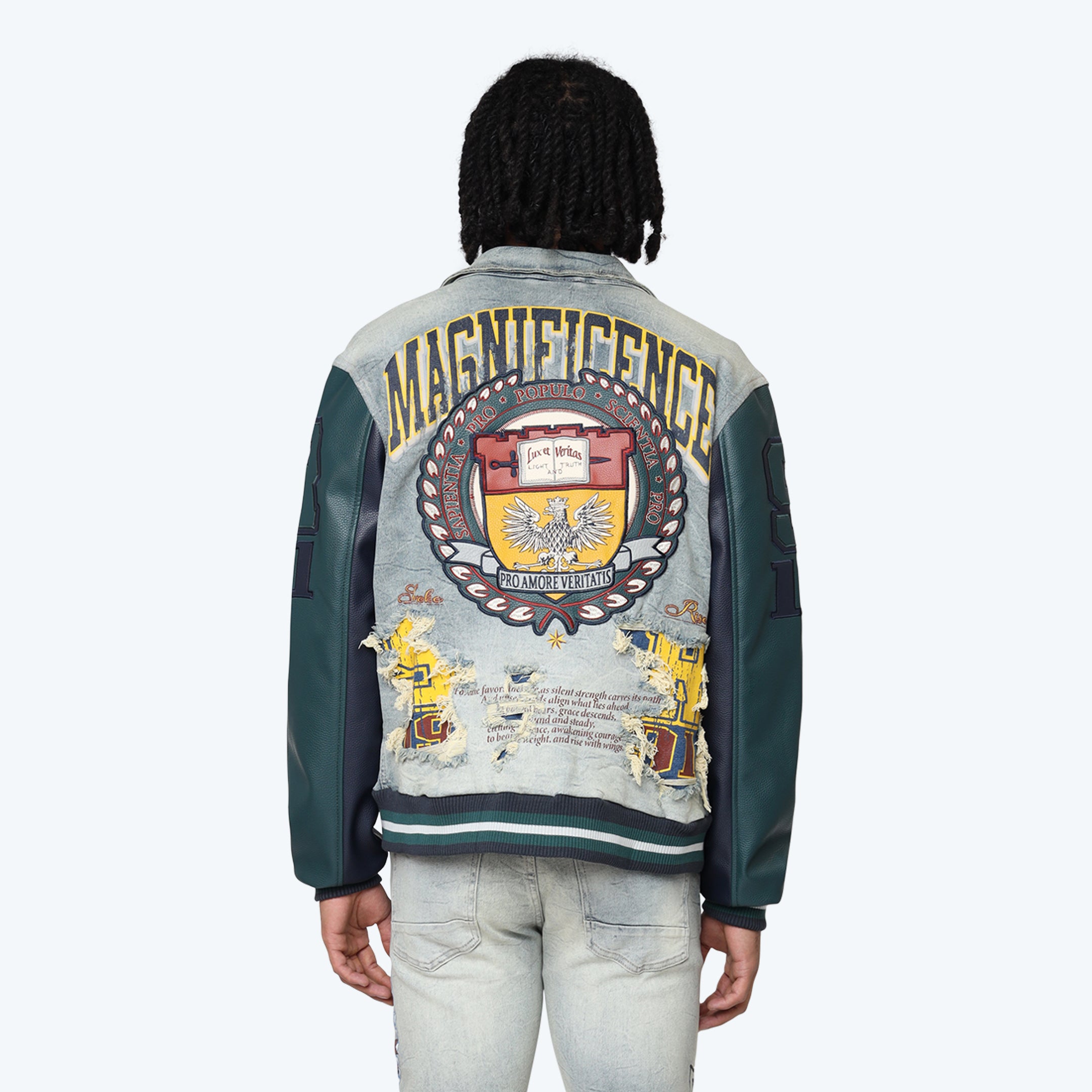 Magnificence Denim Varsity Jacket - Mechanical Blue