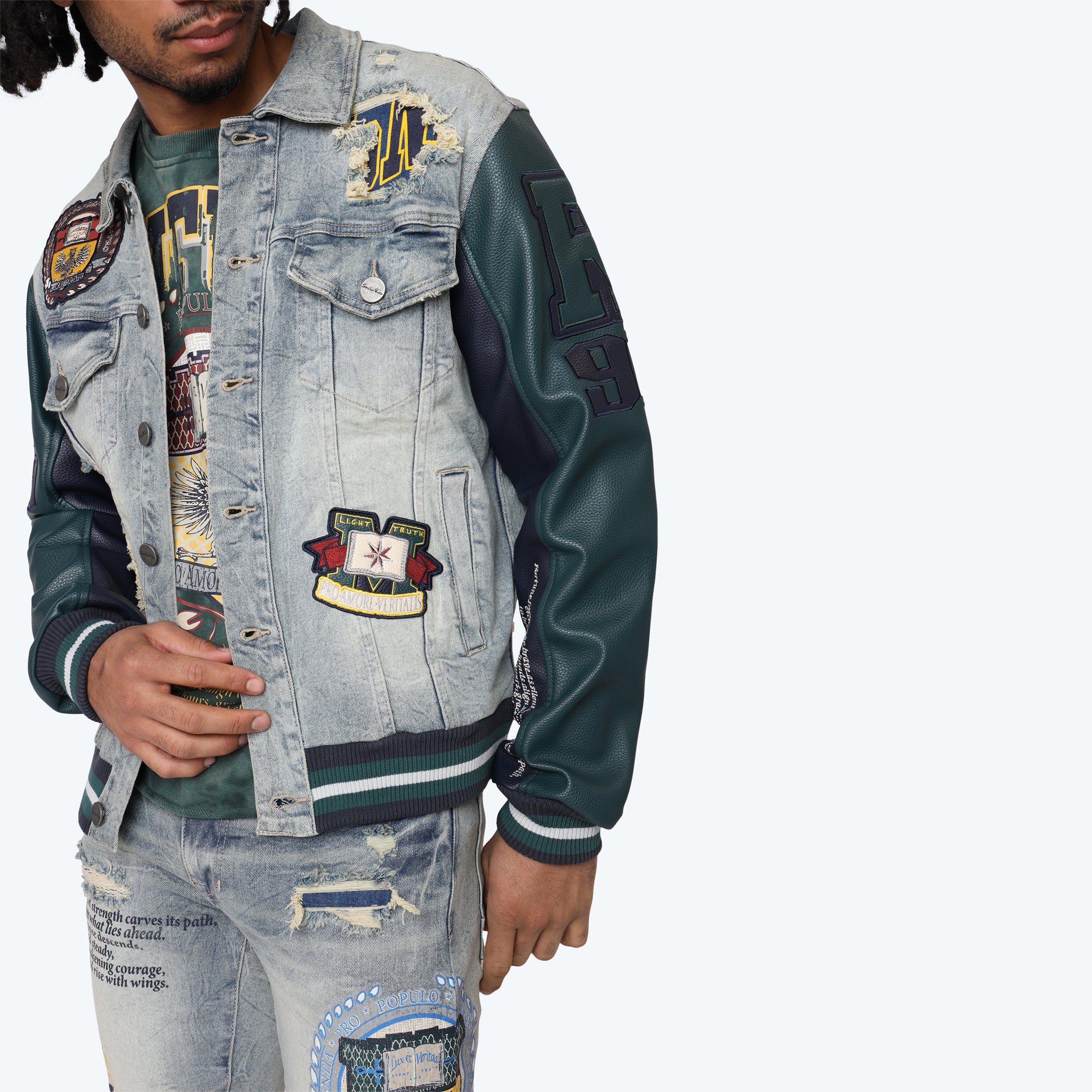 Magnificence Denim Varsity Jacket - Mechanical Blue