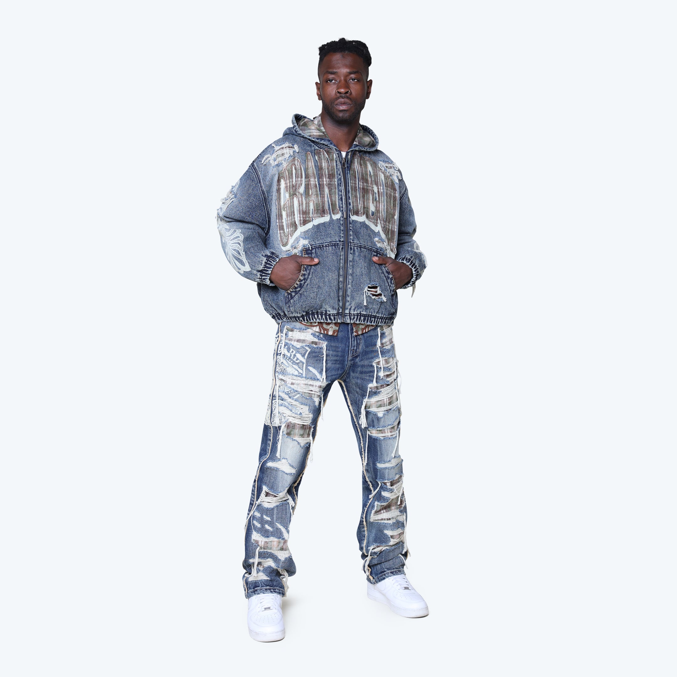 Grandeur Plaid Denim Hoodie Jacket - Fordham Blue