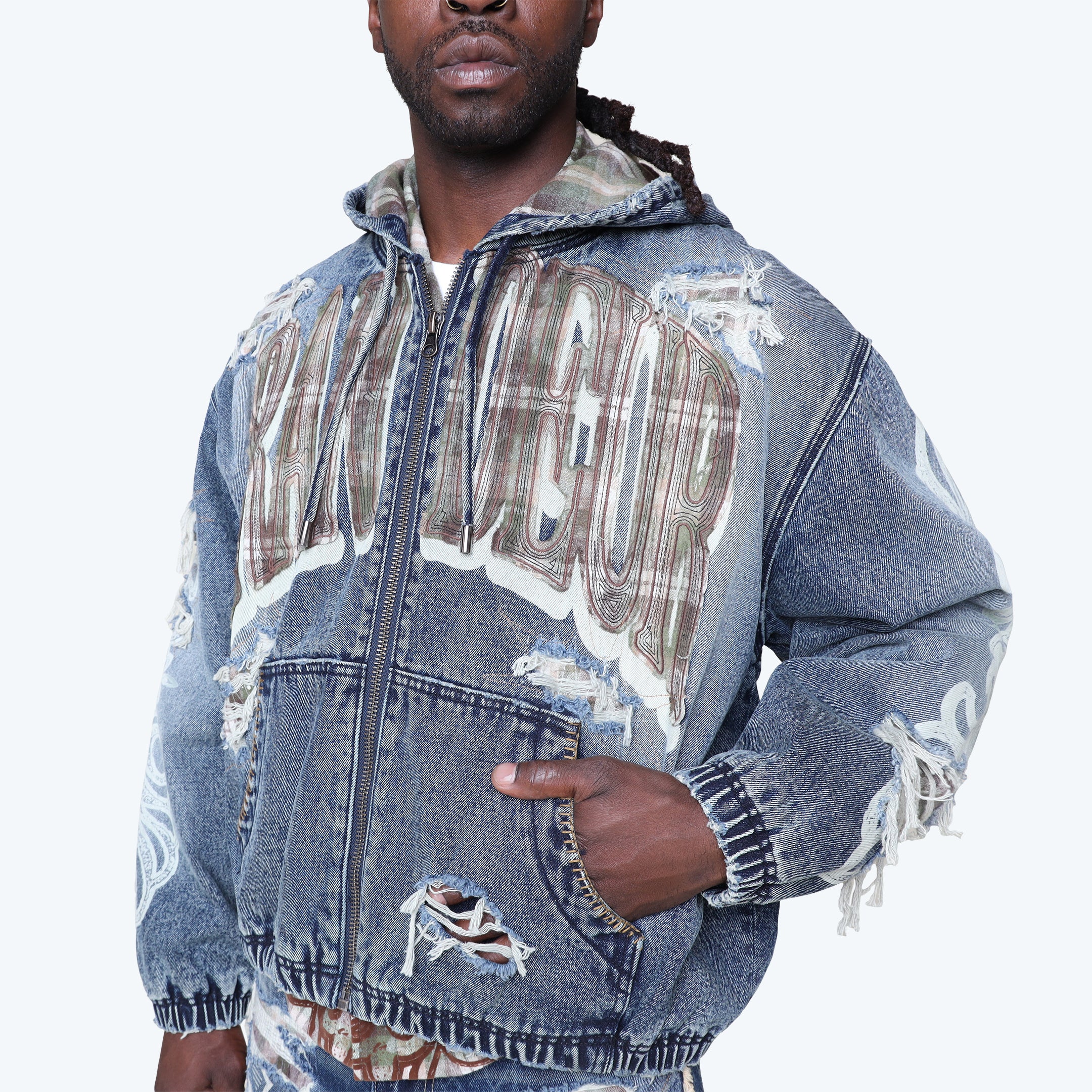 Grandeur Plaid Denim Hoodie Jacket - Fordham Blue