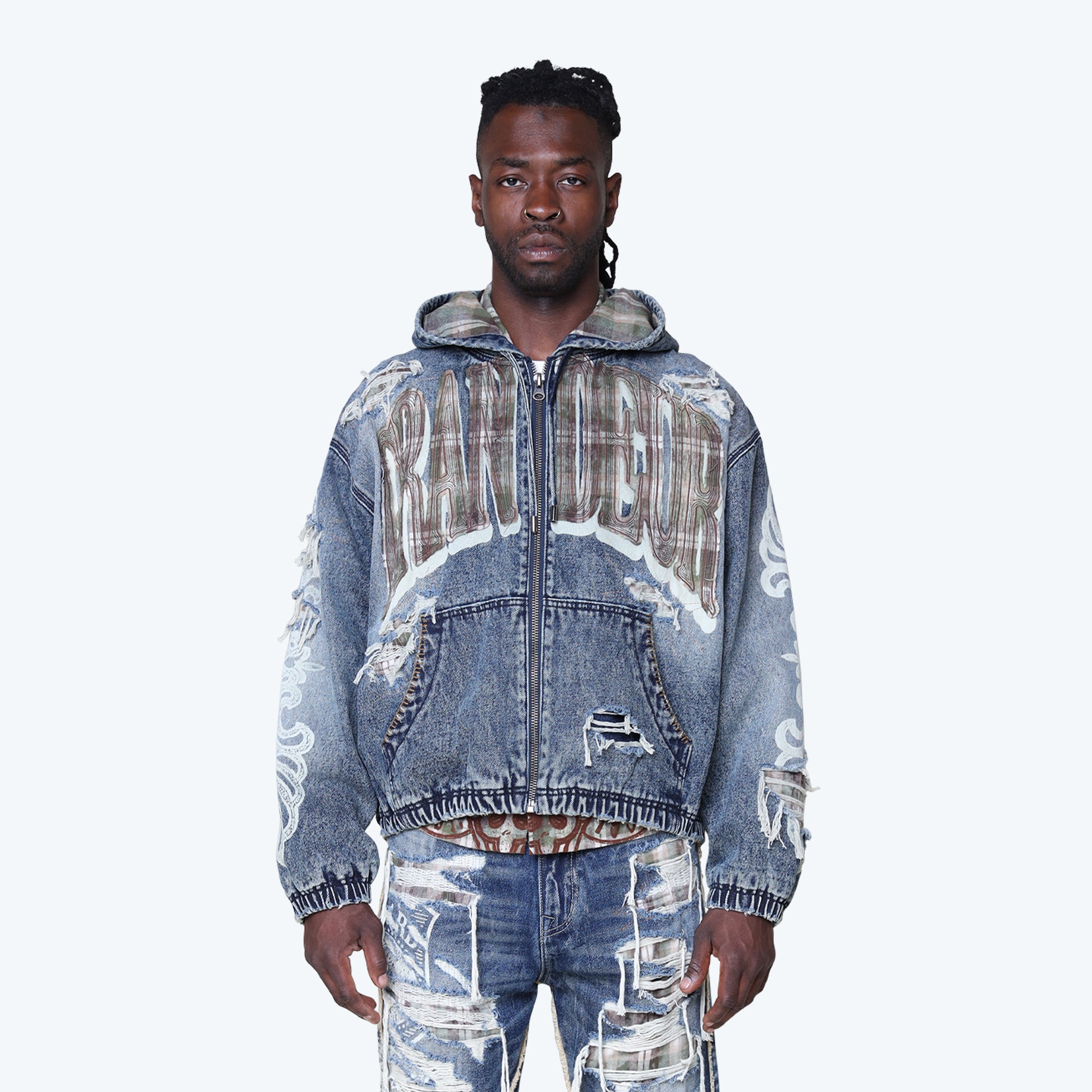 Grandeur Plaid Denim Hoodie Jacket - Fordham Blue