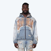 Grandeur Plaid Denim Hoodie Jacket - Munich Blue