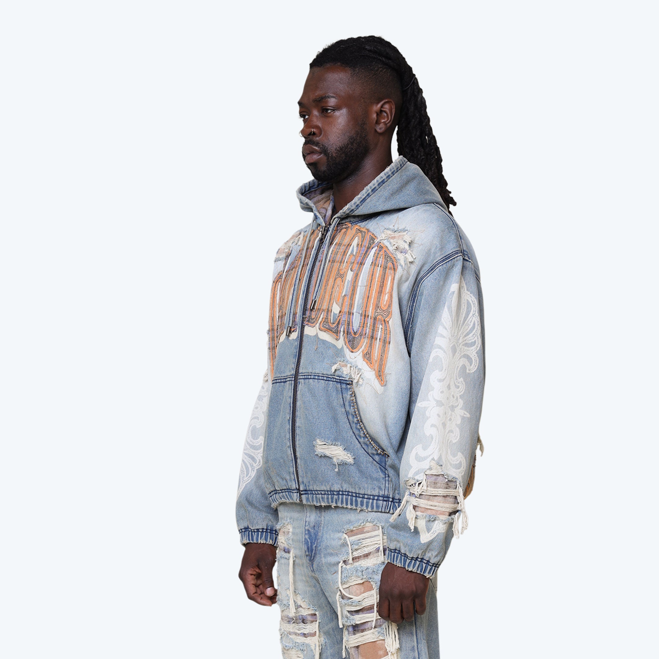 Grandeur Plaid Denim Hoodie Jacket - Munich Blue