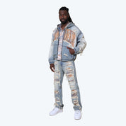 Grandeur Plaid Denim Hoodie Jacket - Munich Blue