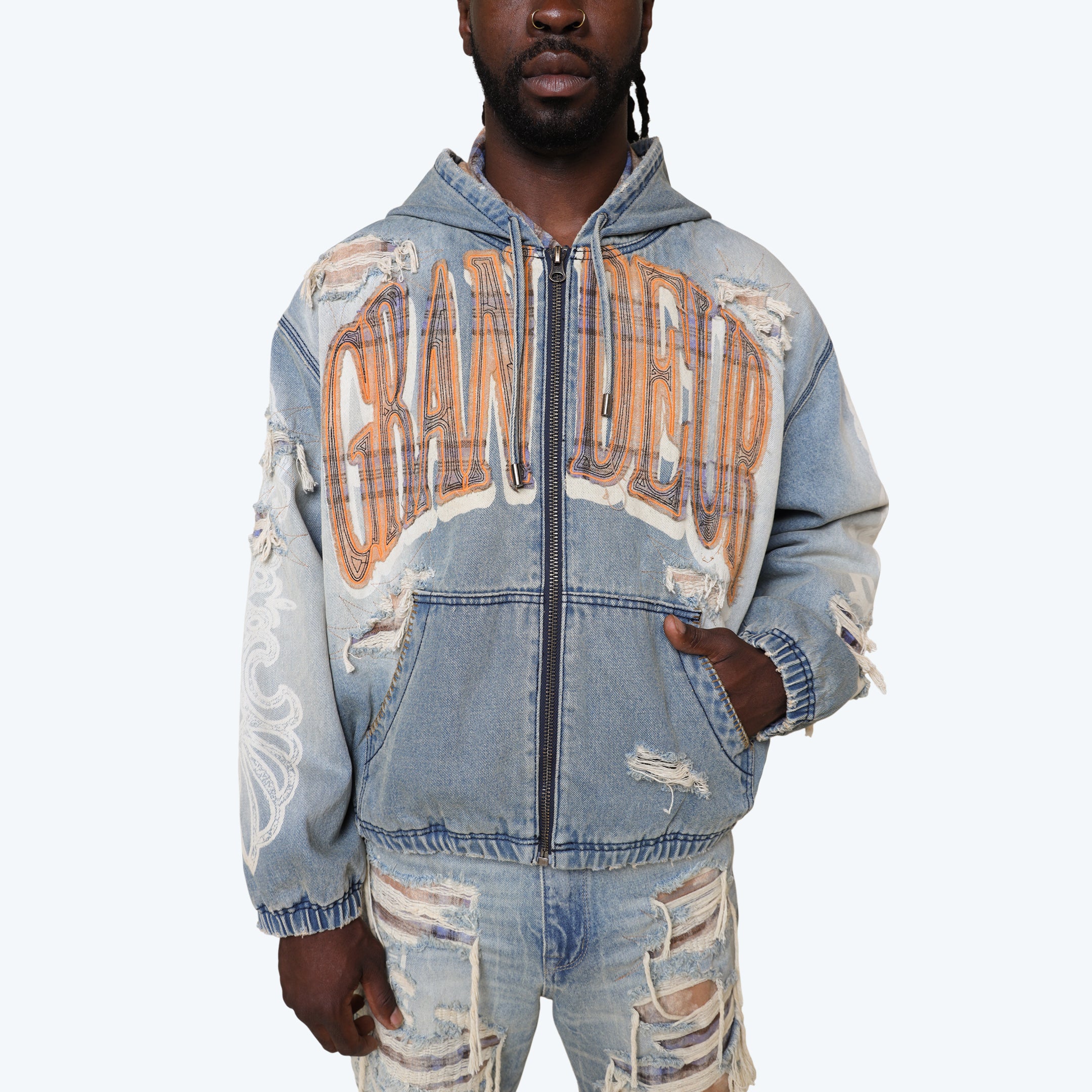 Grandeur Plaid Denim Hoodie Jacket - Munich Blue
