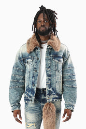 Oversized Denim Jacket With Detachable Fur Collar - Arbor Blue