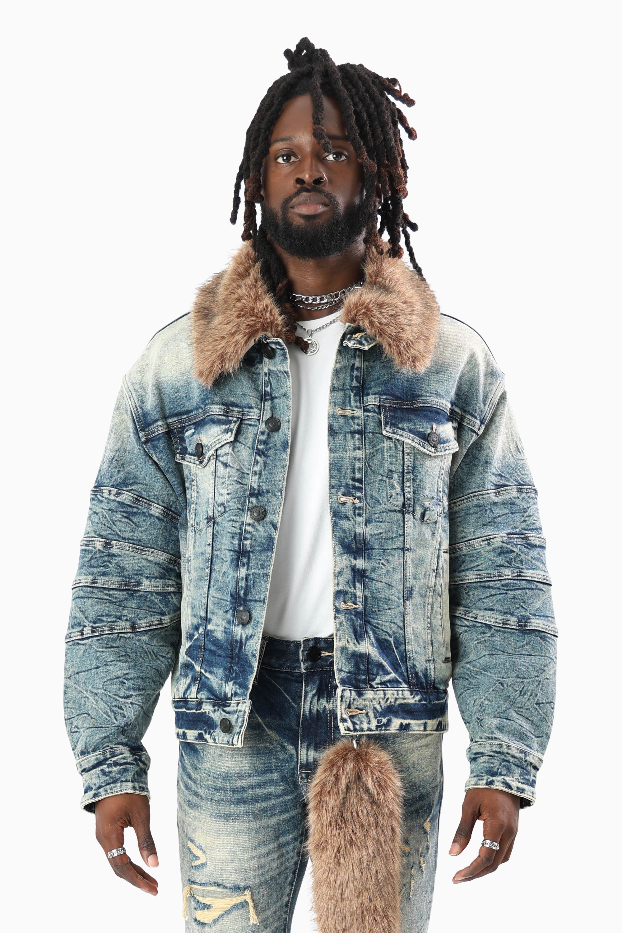 Oversized Denim Jacket With Detachable Fur Collar - Arbor Blue