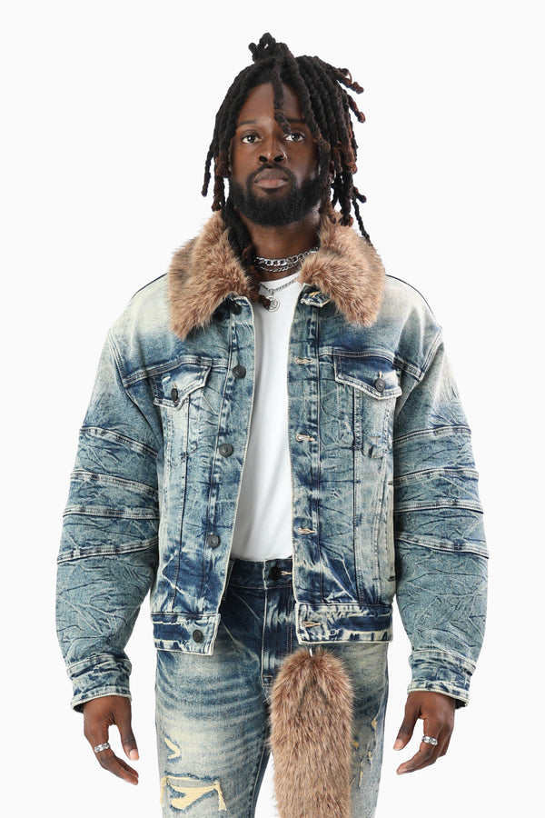 Oversized Denim Jacket With Detachable Fur Collar - Arbor Blue