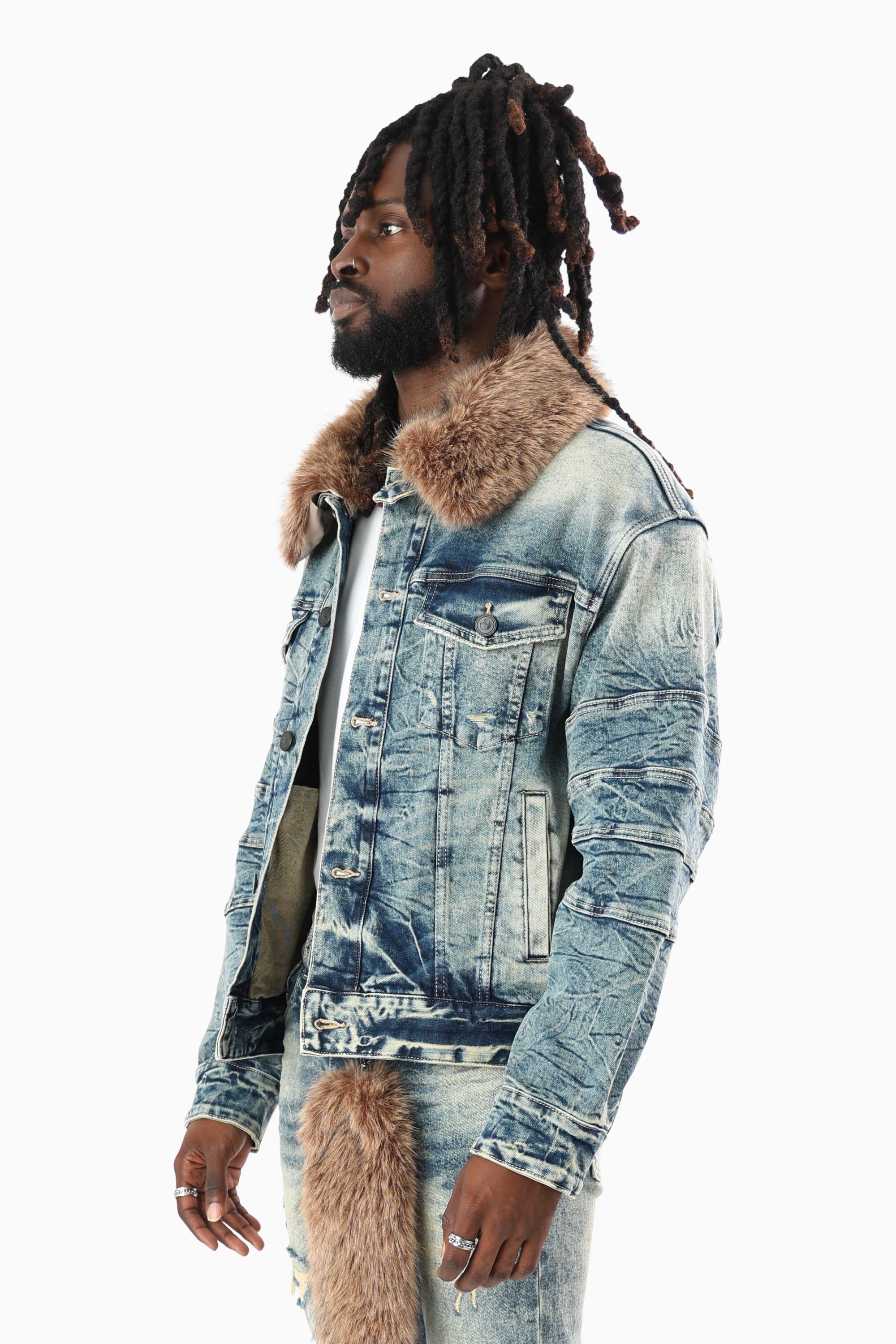 Oversized Denim Jacket With Detachable Fur Collar - Arbor Blue