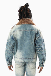 Oversized Denim Jacket With Detachable Fur Collar - Arbor Blue