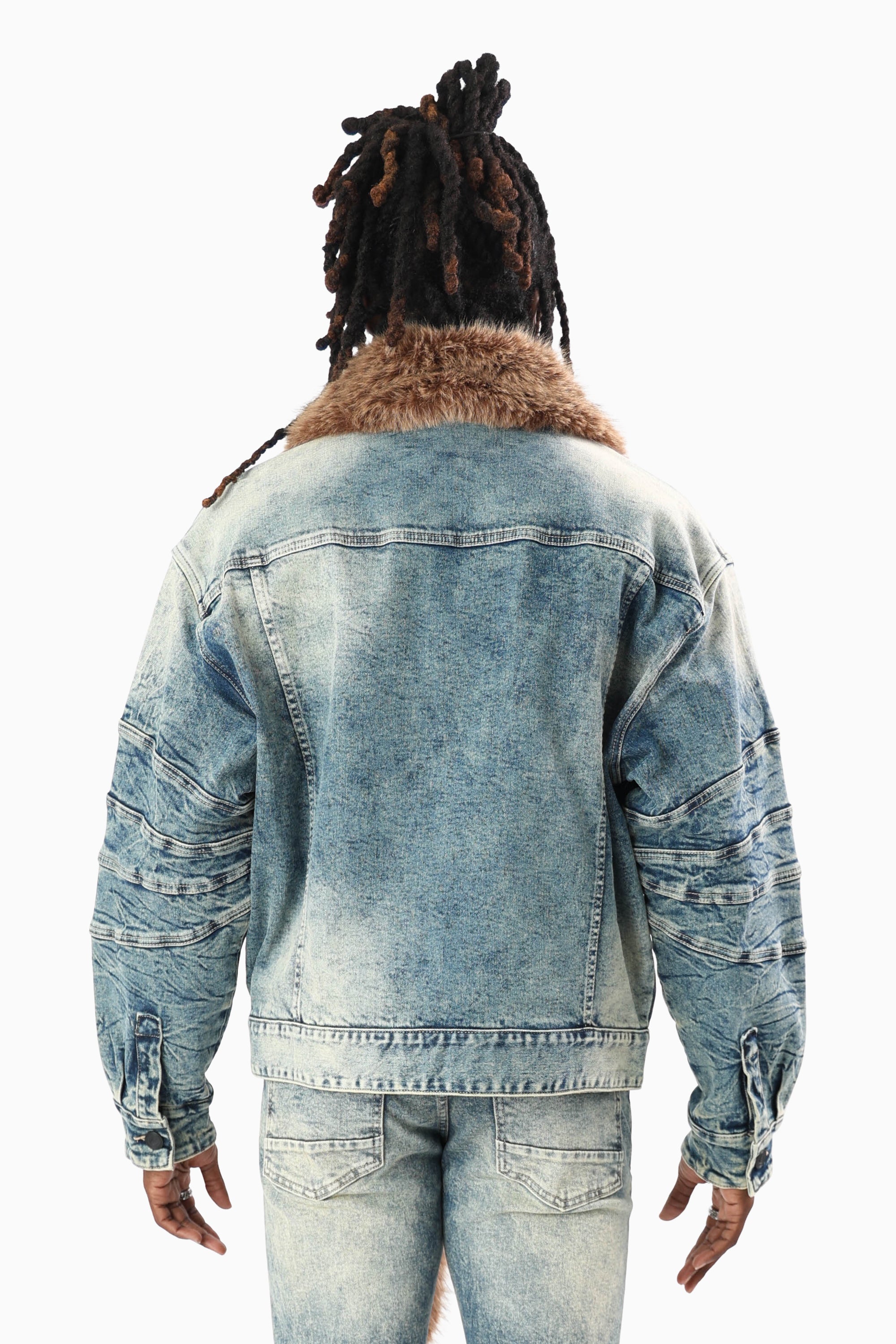 Oversized Denim Jacket With Detachable Fur Collar - Arbor Blue