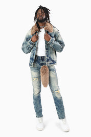 Oversized Denim Jacket With Detachable Fur Collar - Arbor Blue