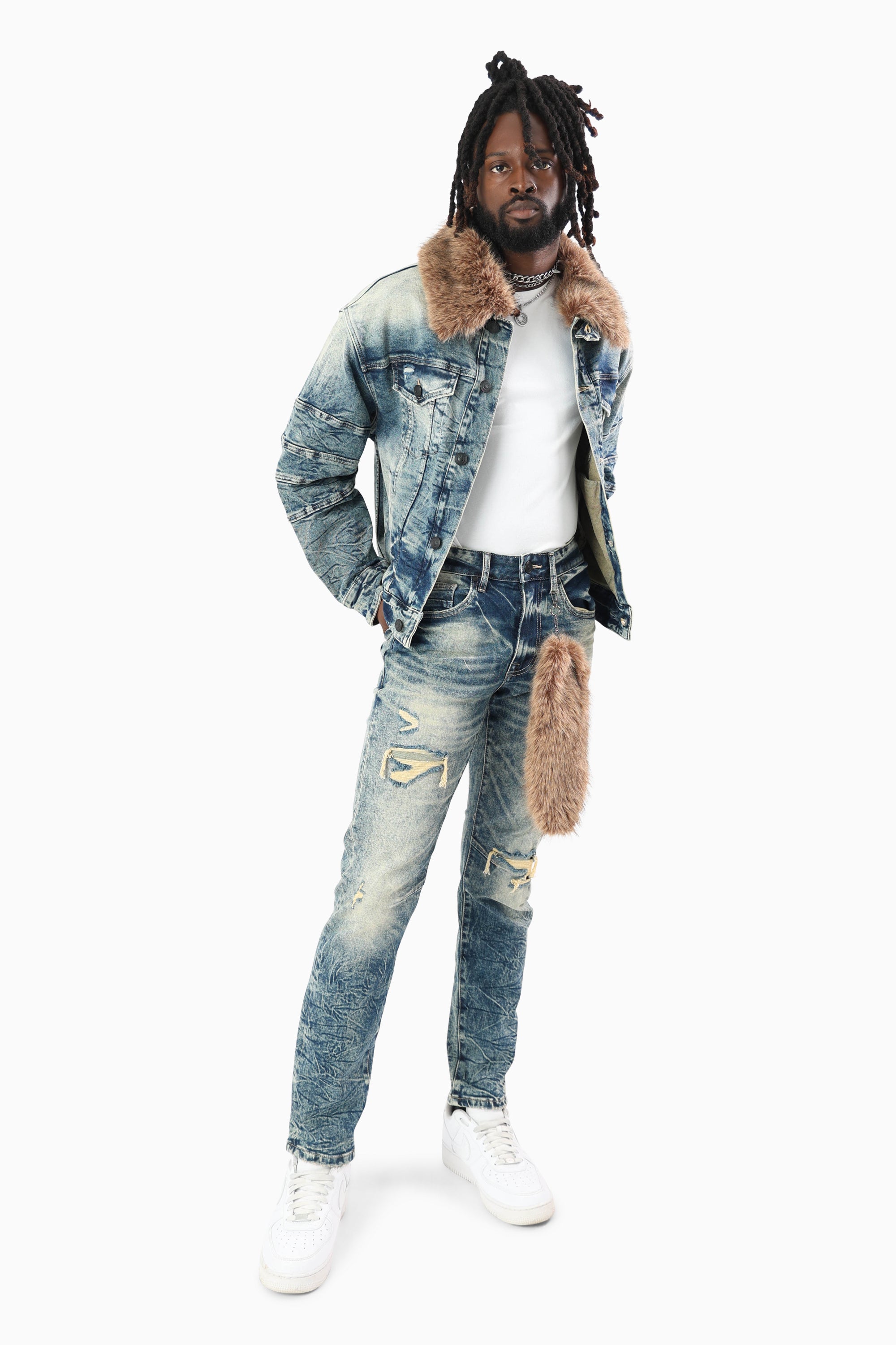 Oversized Denim Jacket With Detachable Fur Collar - Arbor Blue