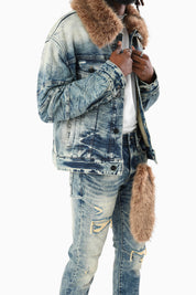 Oversized Denim Jacket With Detachable Fur Collar - Arbor Blue