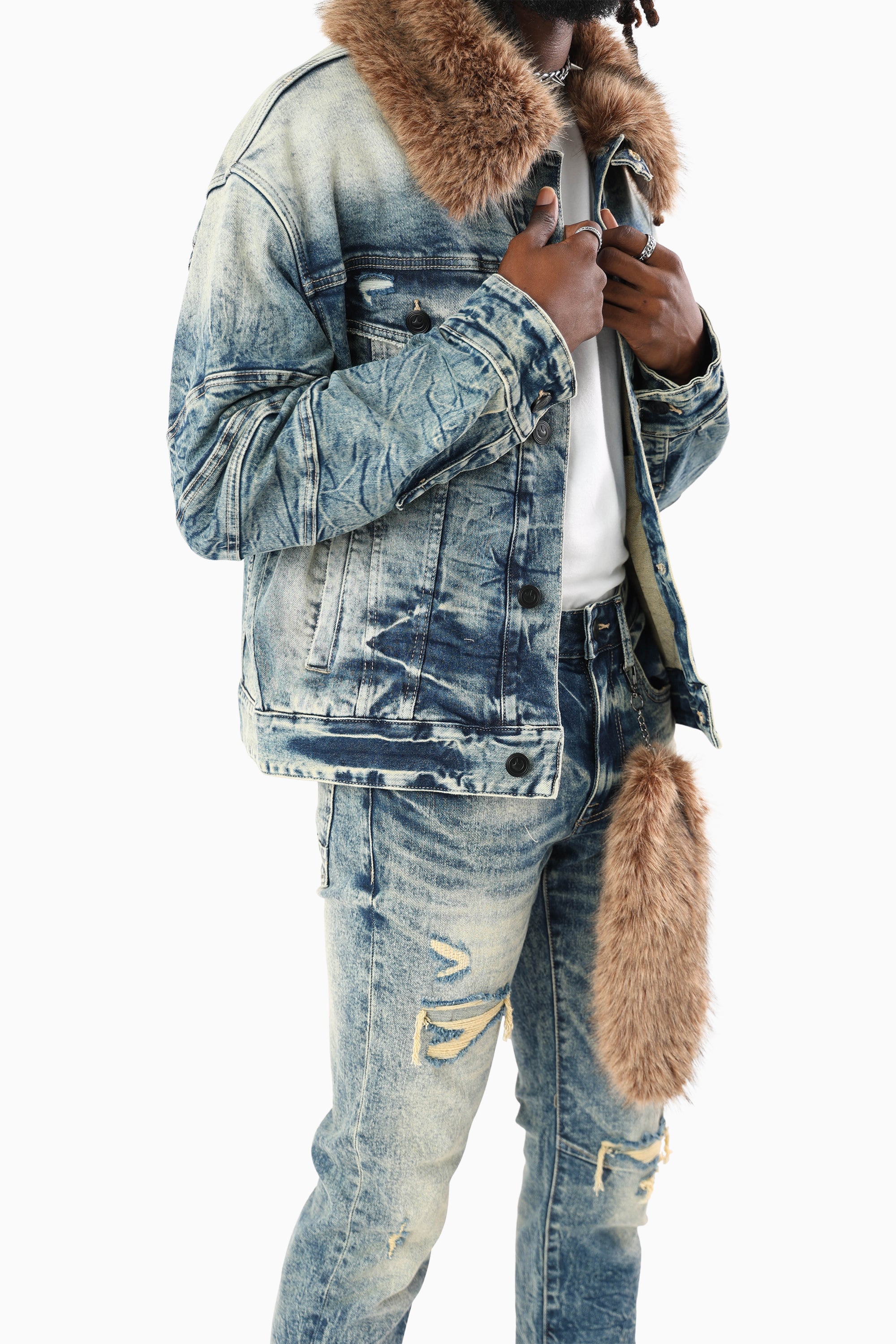 Oversized Denim Jacket With Detachable Fur Collar - Arbor Blue