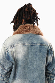 Oversized Denim Jacket With Detachable Fur Collar - Arbor Blue