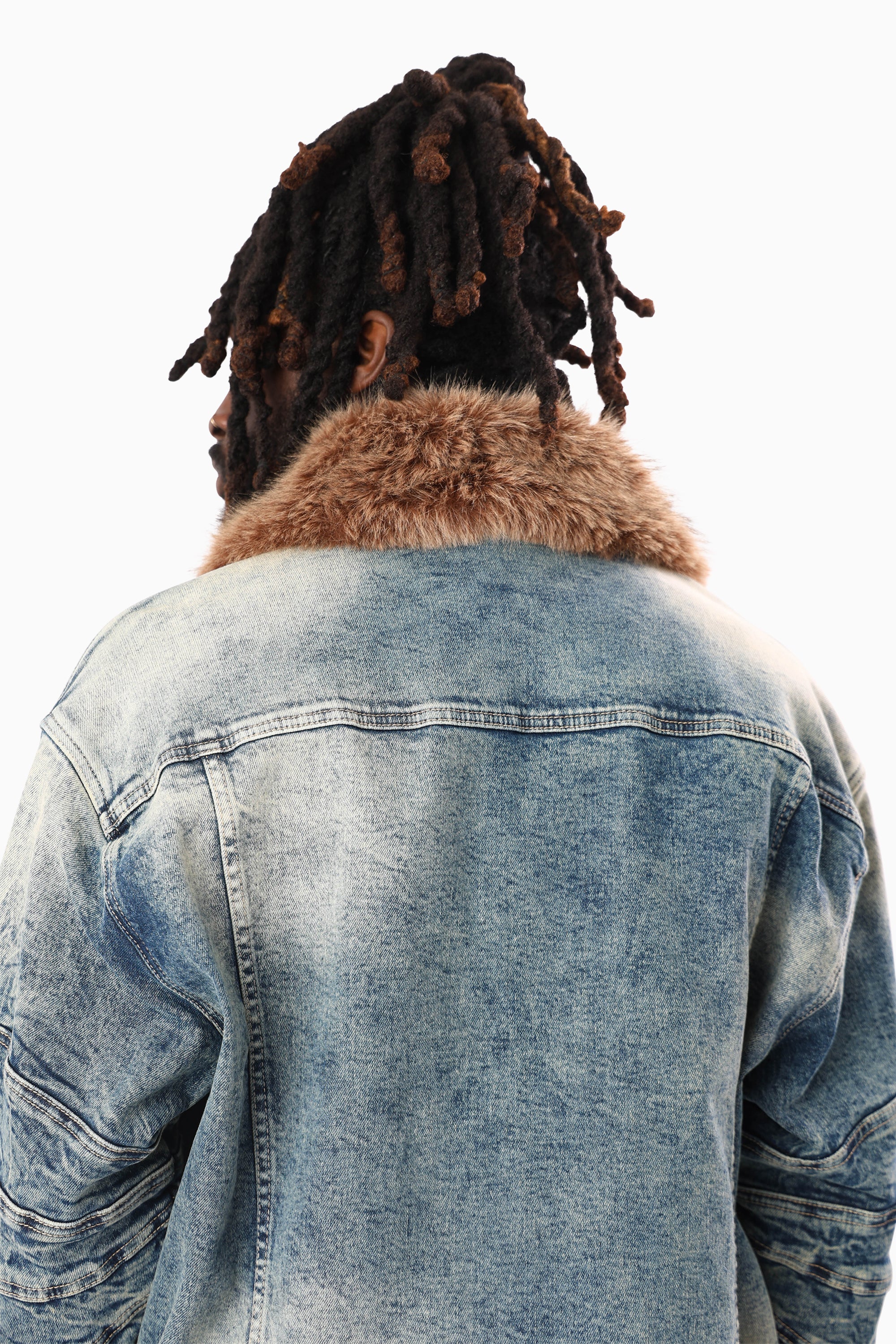 Oversized Denim Jacket With Detachable Fur Collar - Arbor Blue