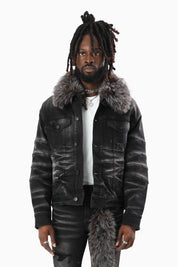 Oversized Denim Jacket With Detachable Fur Collar - Tetra Black