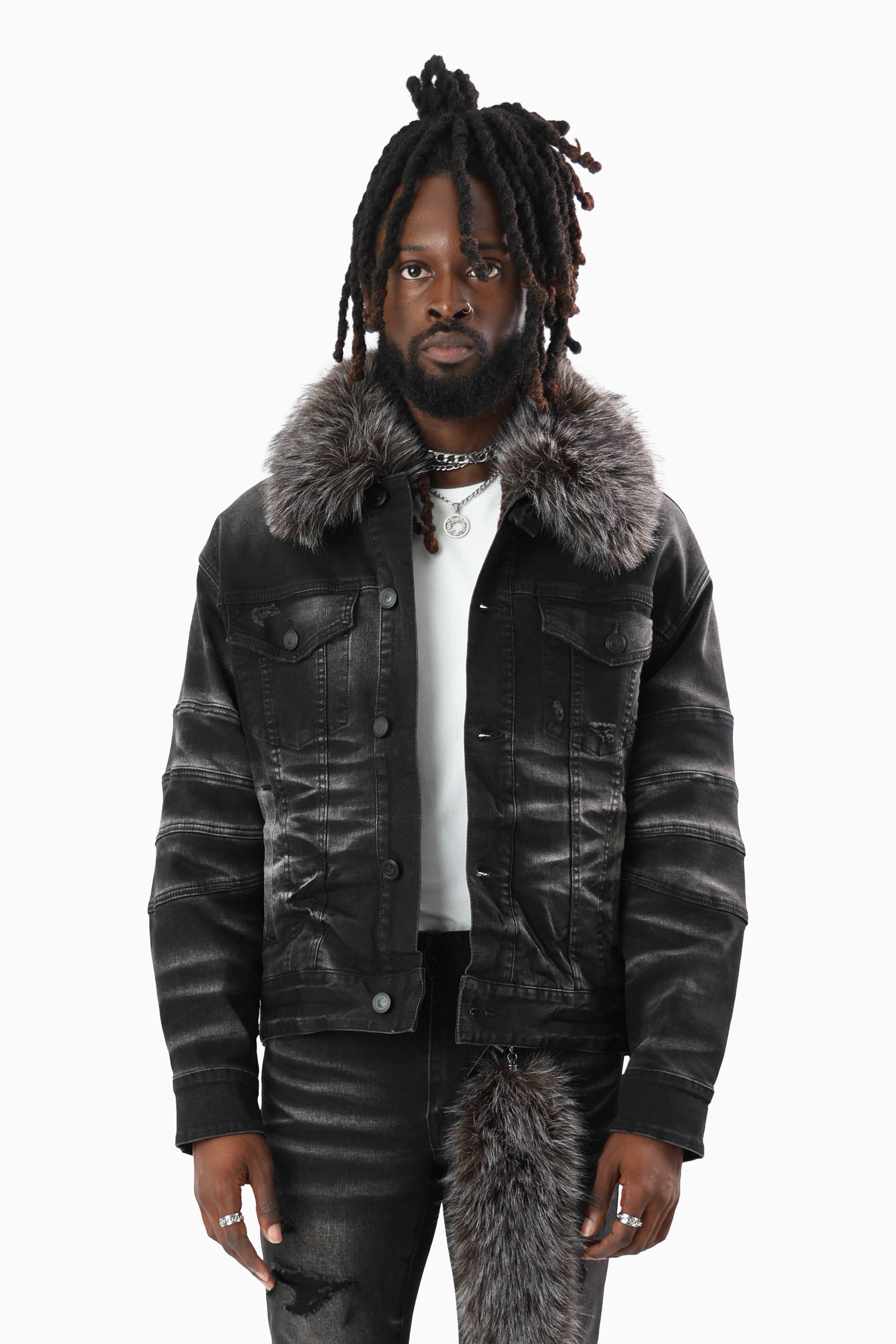 Oversized Denim Jacket With Detachable Fur Collar - Tetra Black