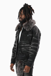 Oversized Denim Jacket With Detachable Fur Collar - Tetra Black