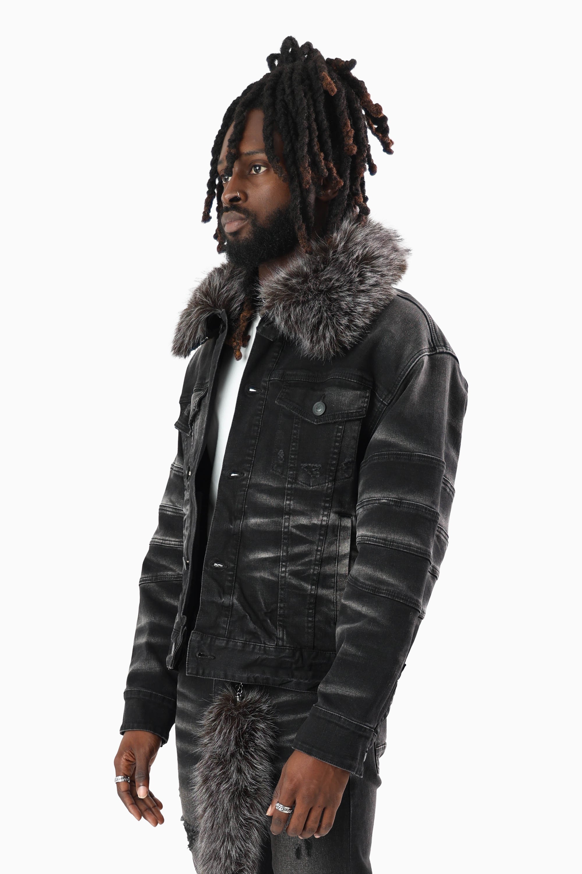 Oversized Denim Jacket With Detachable Fur Collar - Tetra Black
