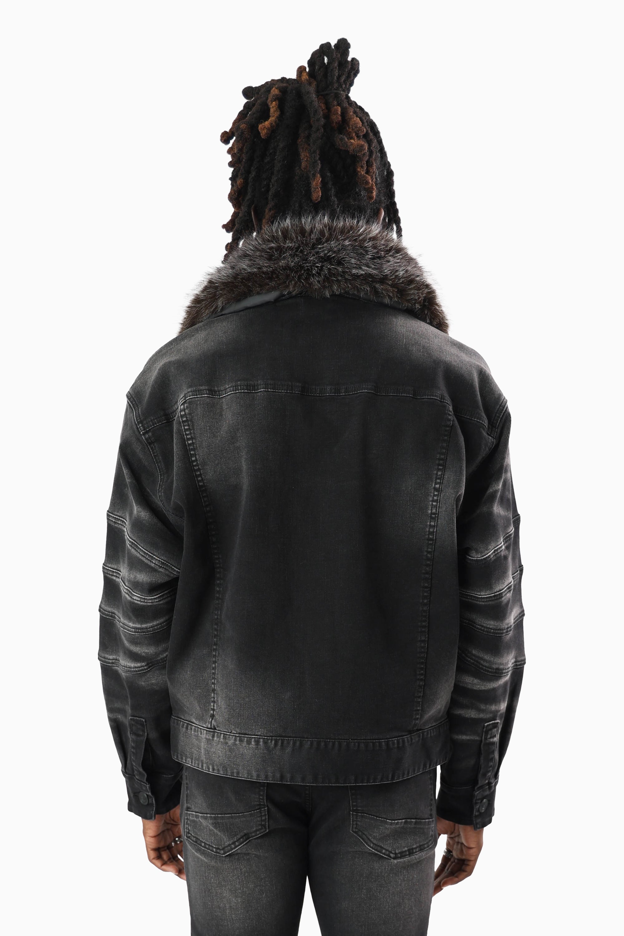 Oversized Denim Jacket With Detachable Fur Collar - Tetra Black