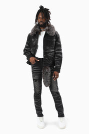Oversized Denim Jacket With Detachable Fur Collar - Tetra Black