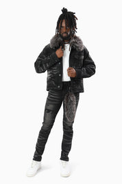 Oversized Denim Jacket With Detachable Fur Collar - Tetra Black