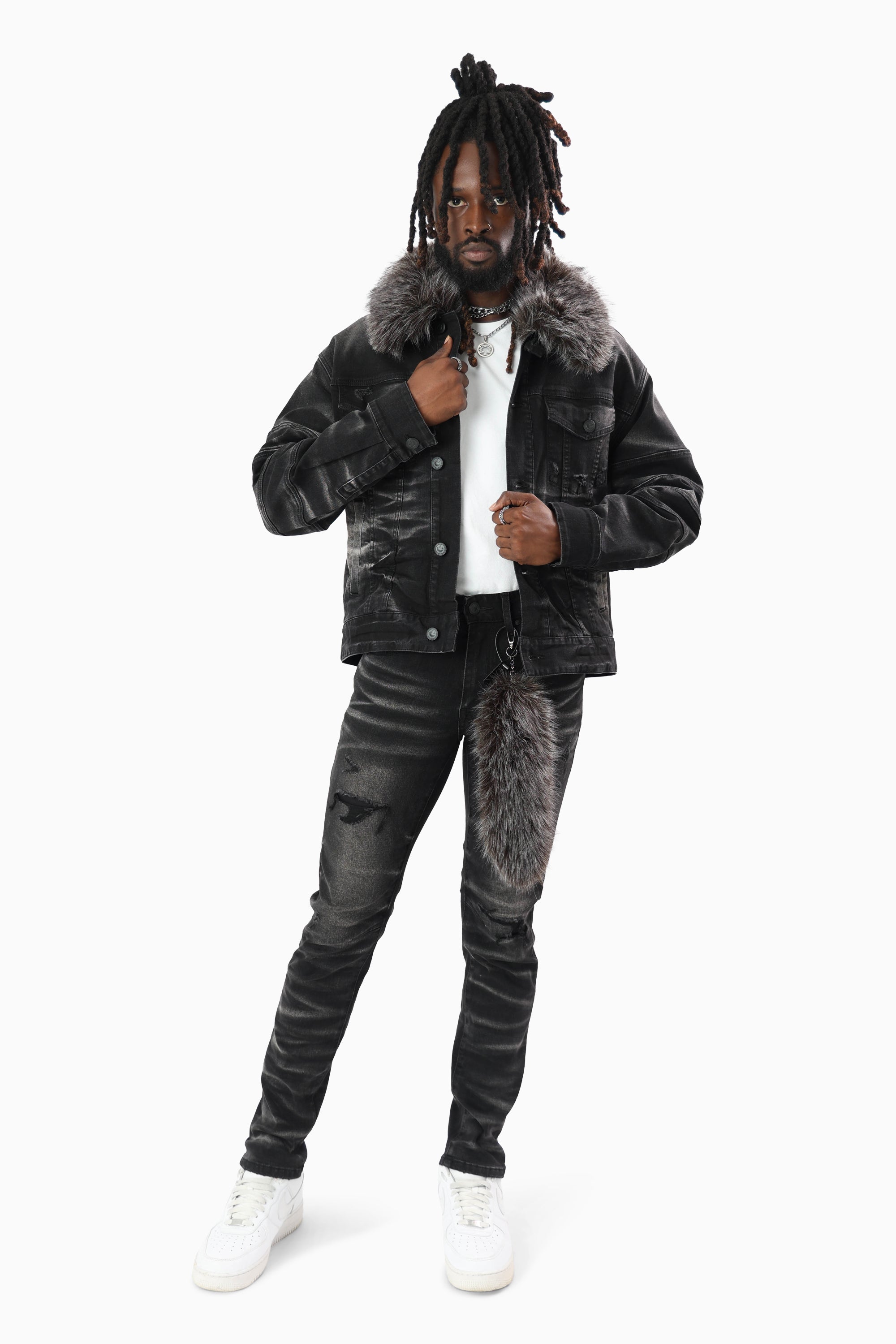 Oversized Denim Jacket With Detachable Fur Collar - Tetra Black