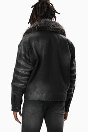 Oversized Denim Jacket With Detachable Fur Collar - Tetra Black