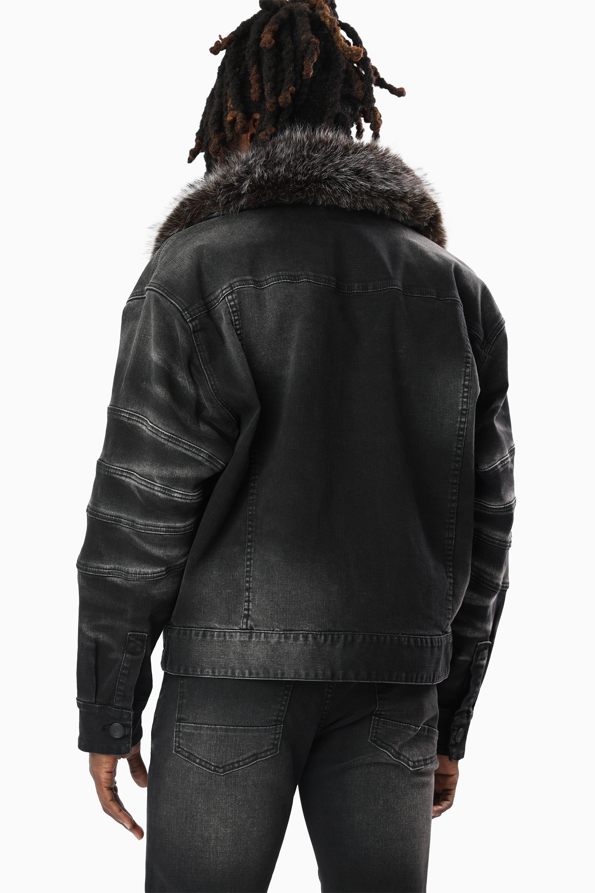 Oversized Denim Jacket With Detachable Fur Collar - Tetra Black
