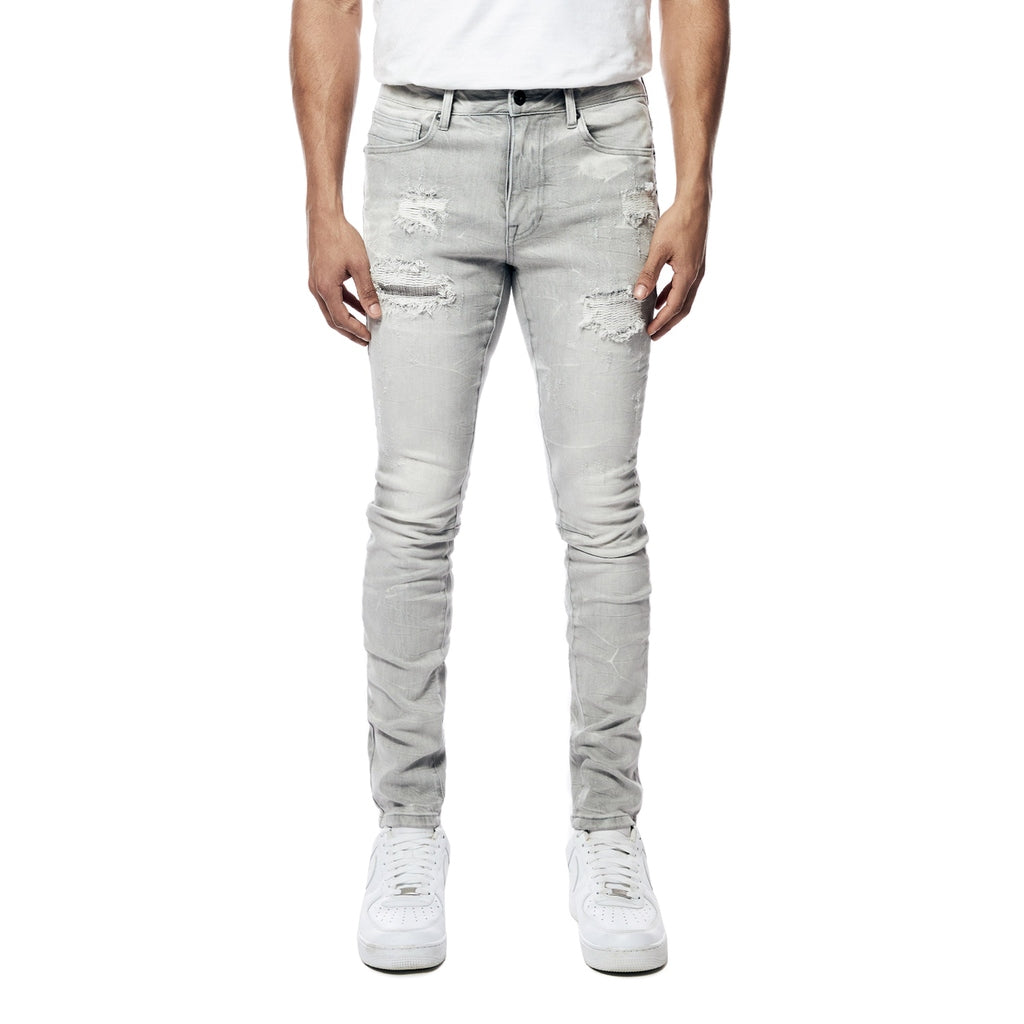 Smoke Rise Super Skinny Rip & Repaired Lightning Washed Denim Jeans - Cloud Grey