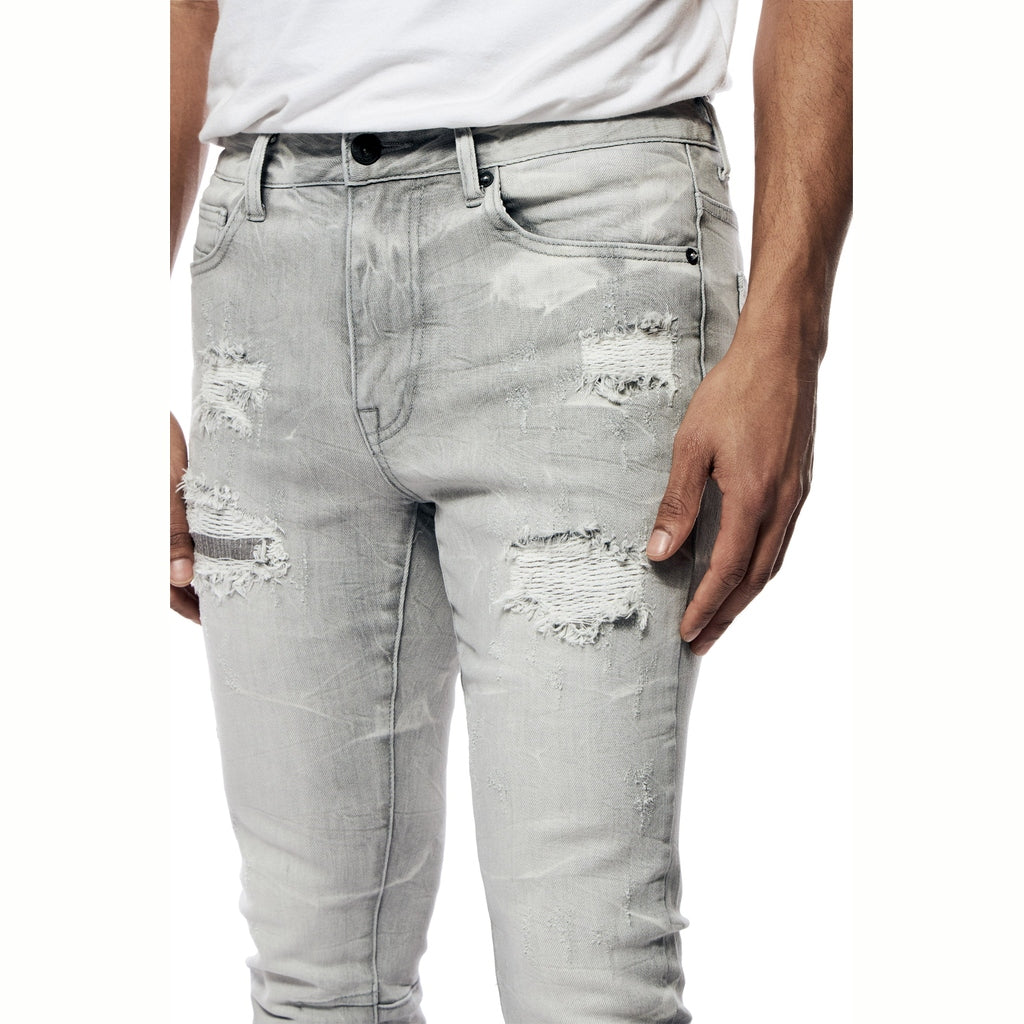 Smoke Rise Super Skinny Rip & Repaired Lightning Washed Denim Jeans - Cloud Grey