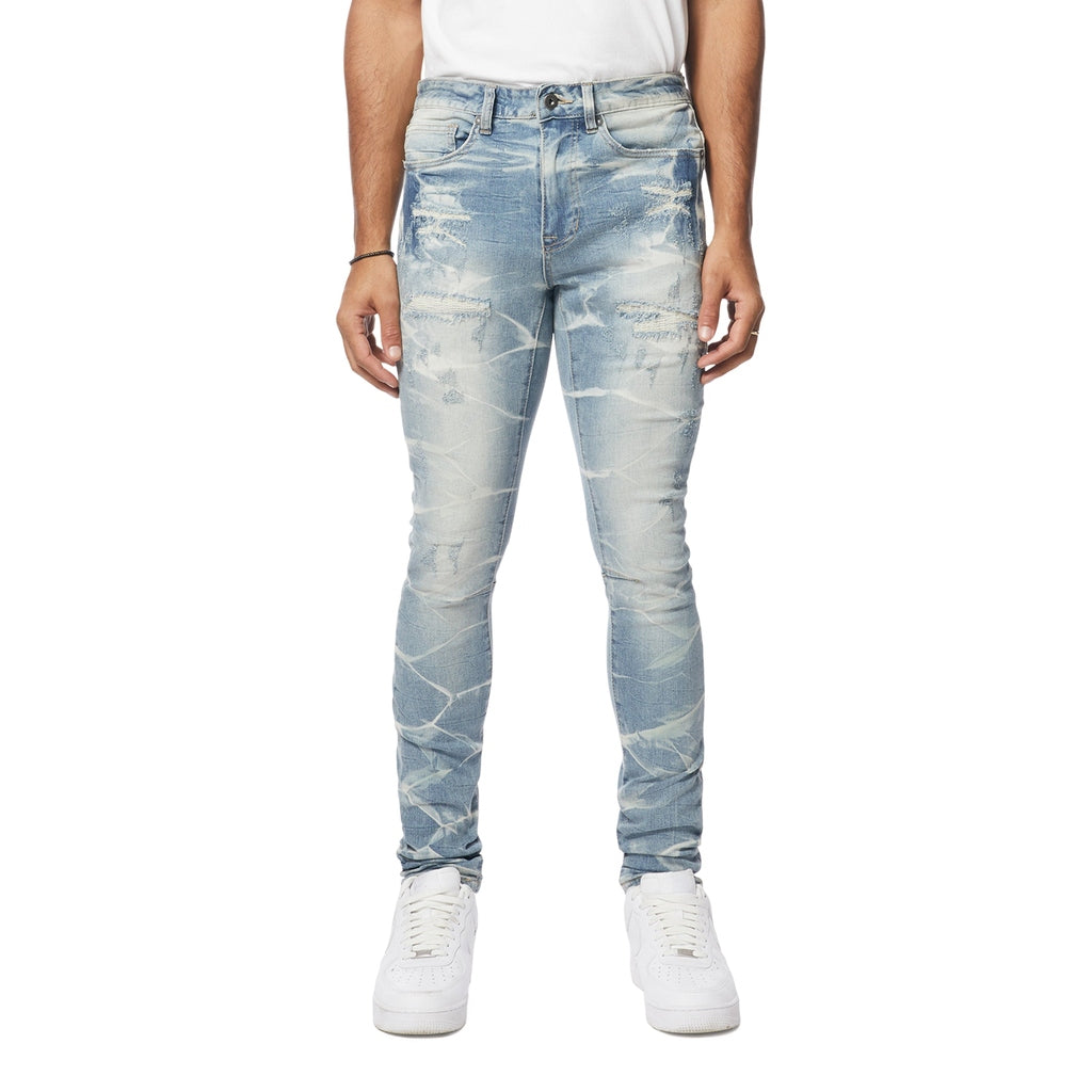 Smoke Rise Super Skinny Rip & Repaired Lightning Washed Denim Jeans - Clyde Blue