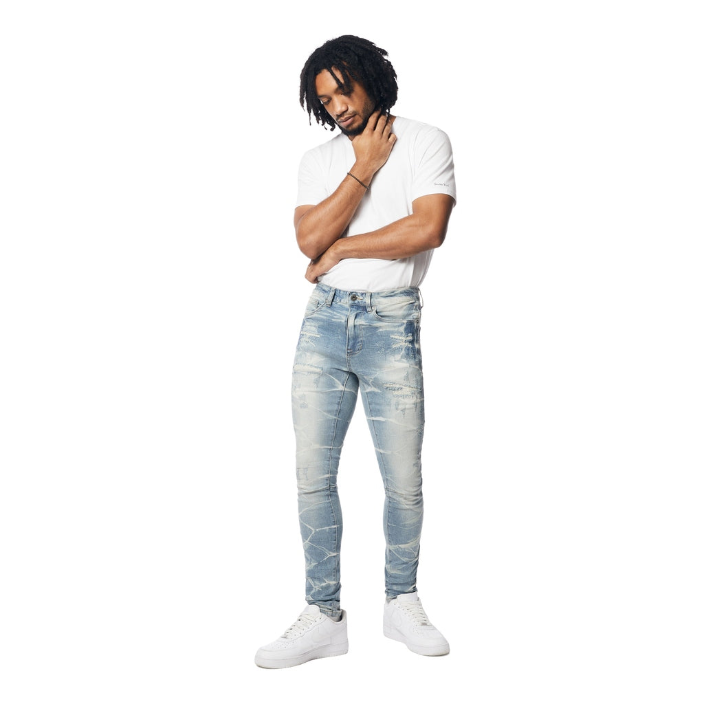 Smoke Rise Super Skinny Rip & Repaired Lightning Washed Denim Jeans - Clyde Blue