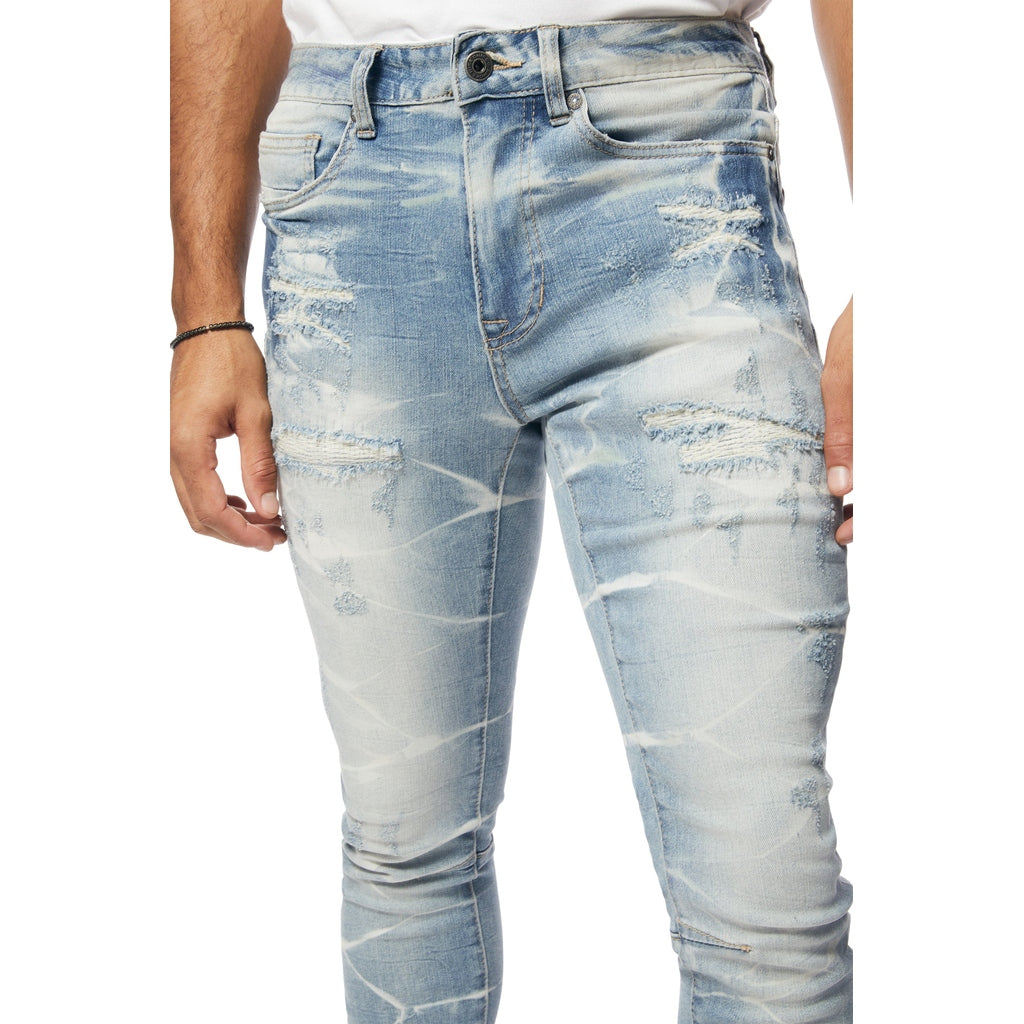 Smoke Rise Gun Shot Effect & Lightning Washed Super Skinny Denim Jeans - Clyde Blue