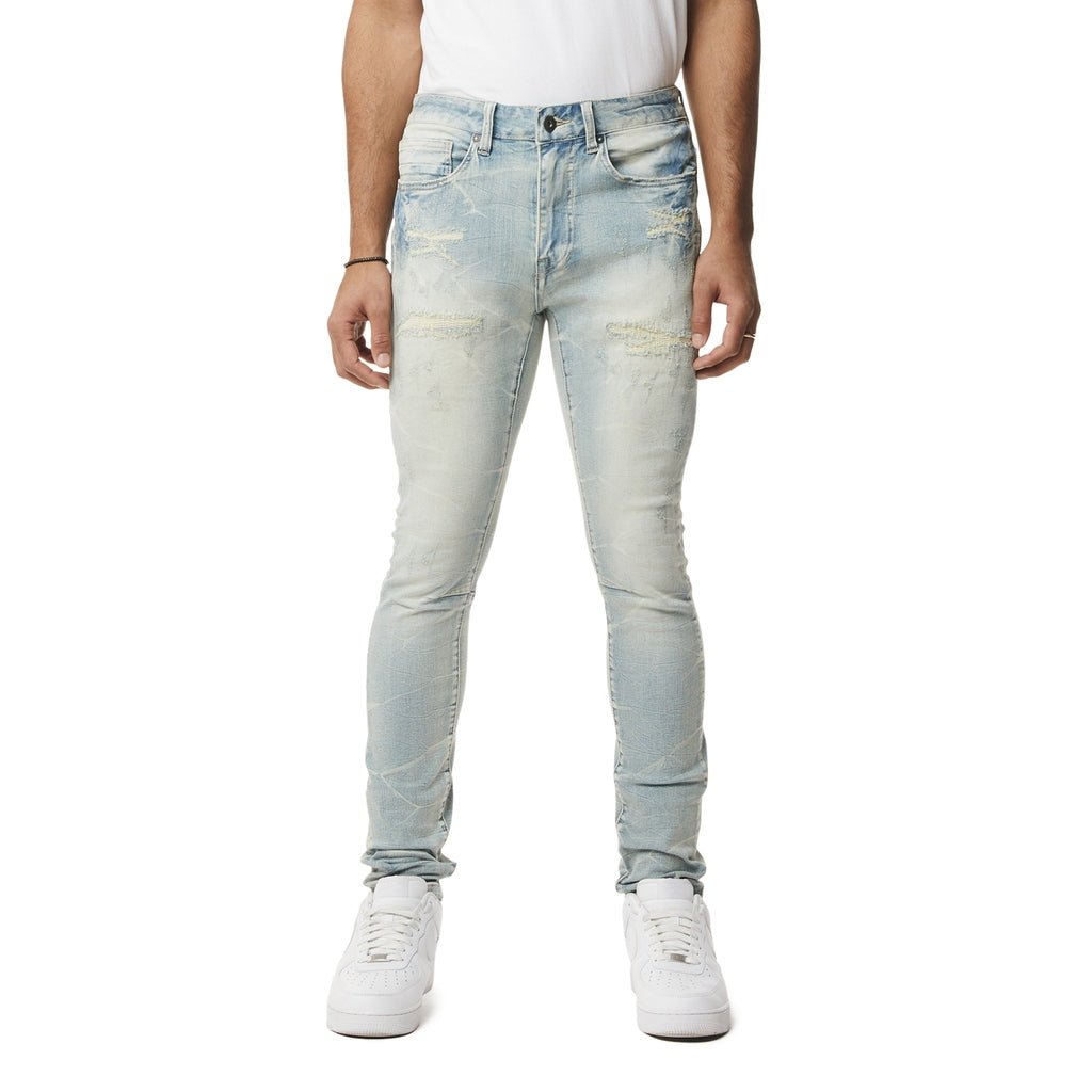 Smoke Rise Super Skinny Rip & Repaired Lightning Washed Denim Jeans - Canal Blue