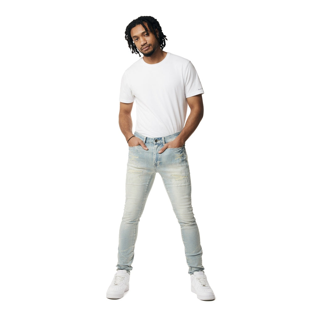 Smoke Rise Super Skinny Rip & Repaired Lightning Washed Denim Jeans - Canal Blue