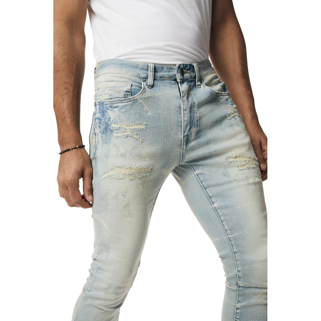 Smoke Rise Rip & Repaired Lightning Washed Super Skinny Jeans - Canal Blue