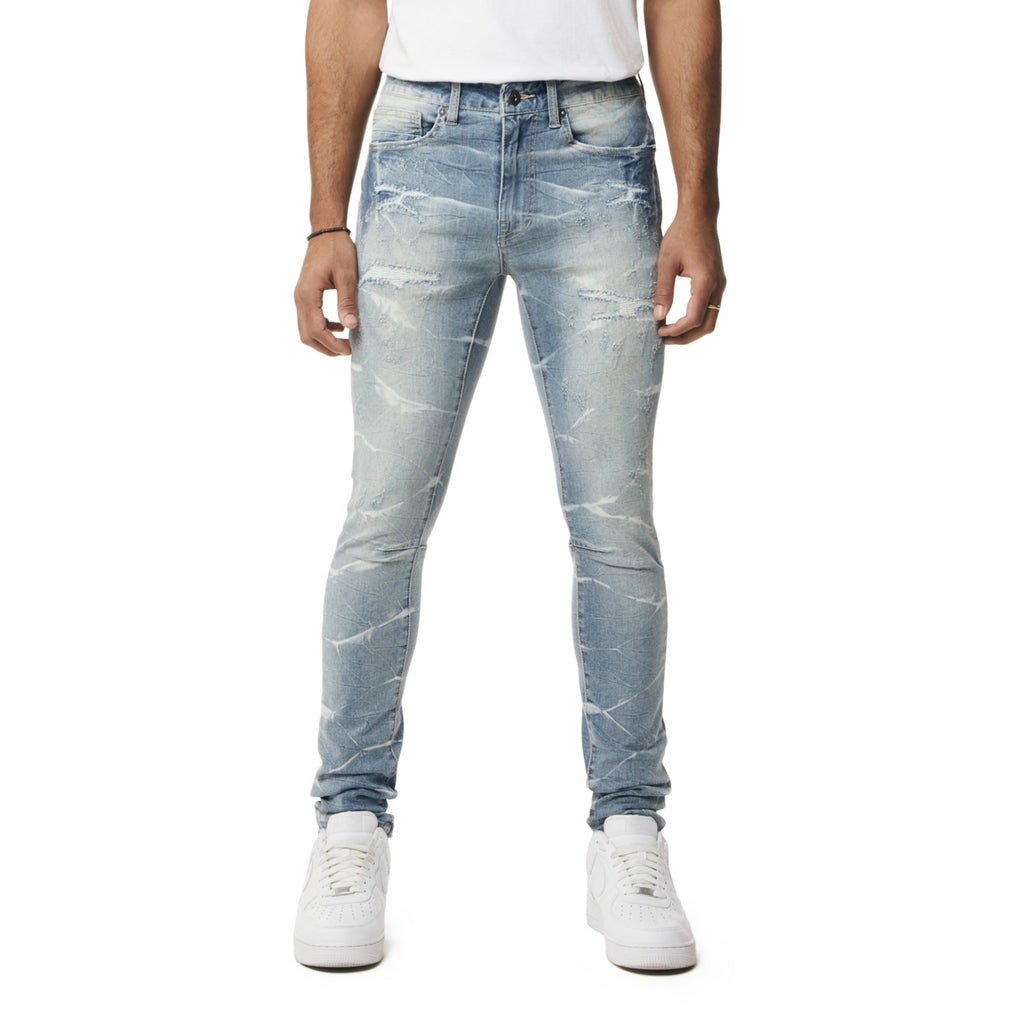 Smoke Rise Rip & Repaired Lightning Washed Super Skinny Jeans - Elm Blue