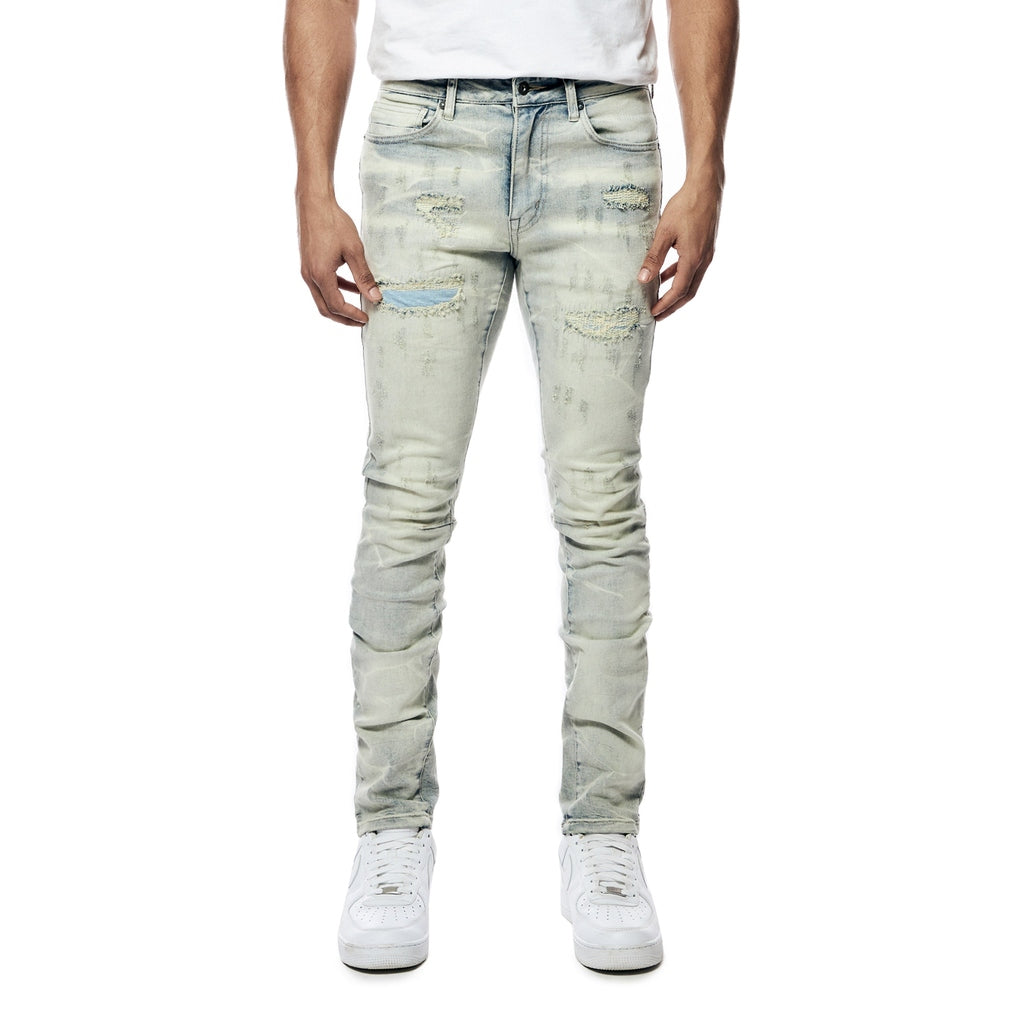 Smoke Rise Super Skinny Rip & Repaired Lightning Washed Denim Jeans - Industrial Blue