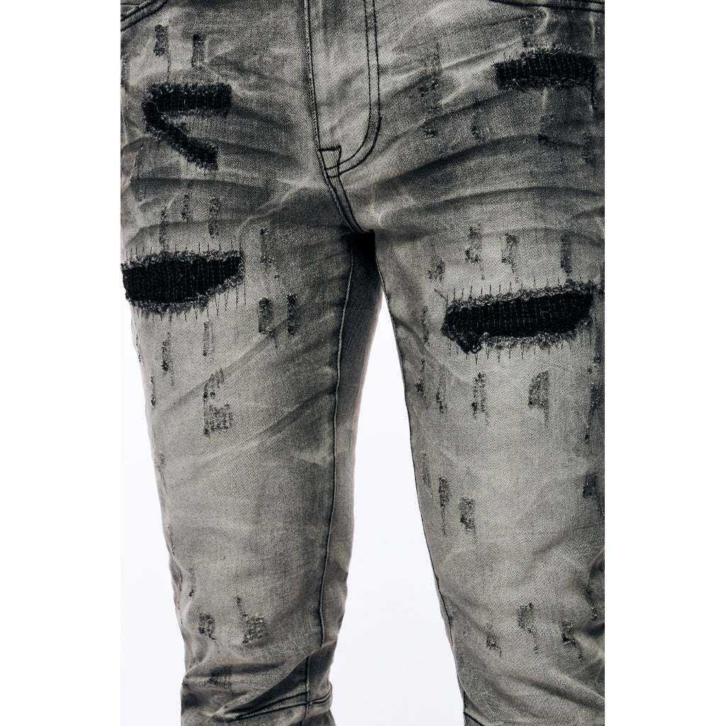 Smoke Rise Super Skinny Rip & Repaired Lightning Washed Denim Jeans - Lightning Black