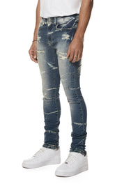 Gun Shot Effect & Lightning Washed Super Skinny Denim Jeans - Westport Blue