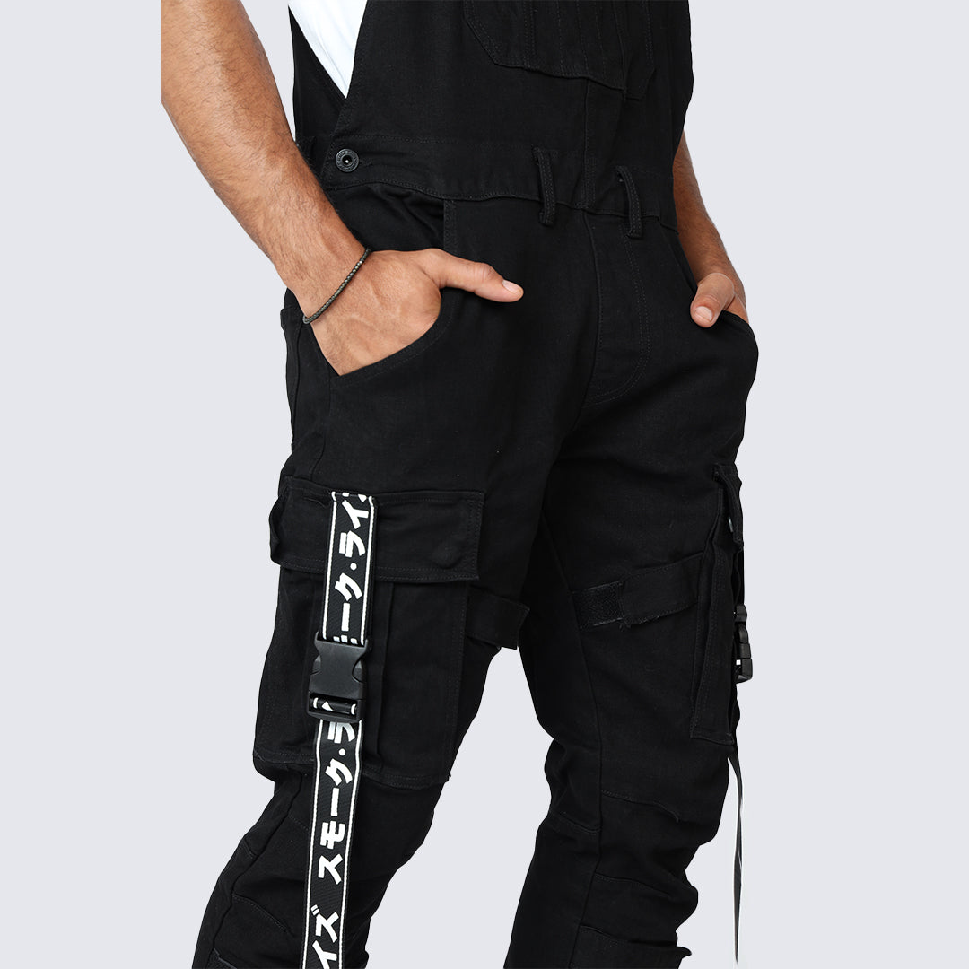 Multi Cargo Fashion Twill Overalls - Black