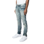 Vintage Washed Rip And Repair Denim Jeans - Florence Blue