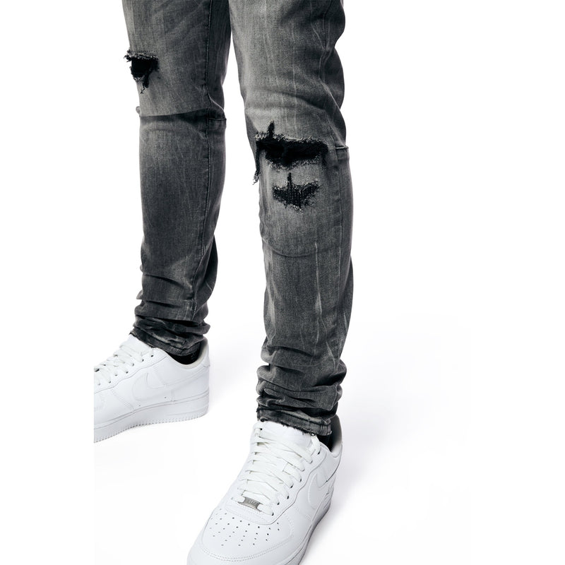 Vintage Washed Rip And Repair Denim Jeans - Pluto Grey
